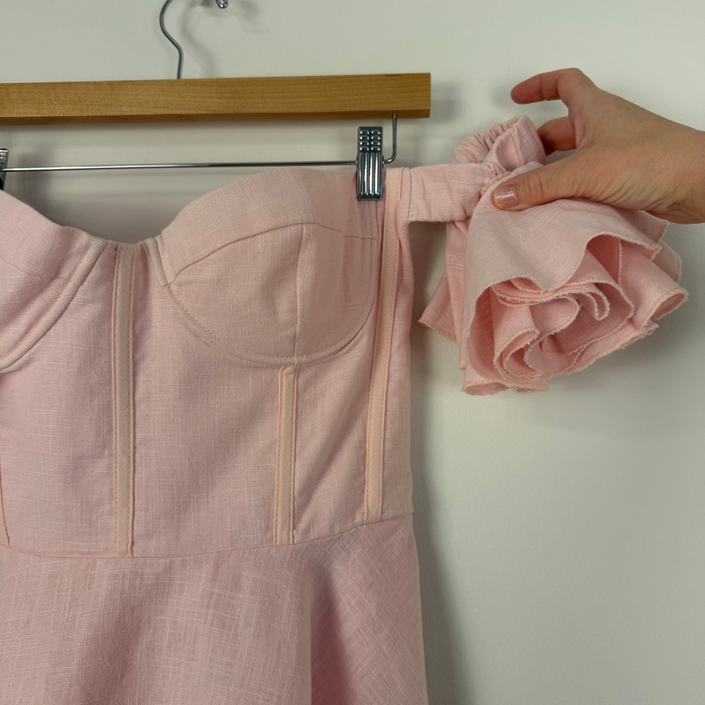 Bardot Pink Linen Corset‎ Mini Dress Women XL US 10 Ruffle Off Shoulder Coquette - Picture 7 of 9